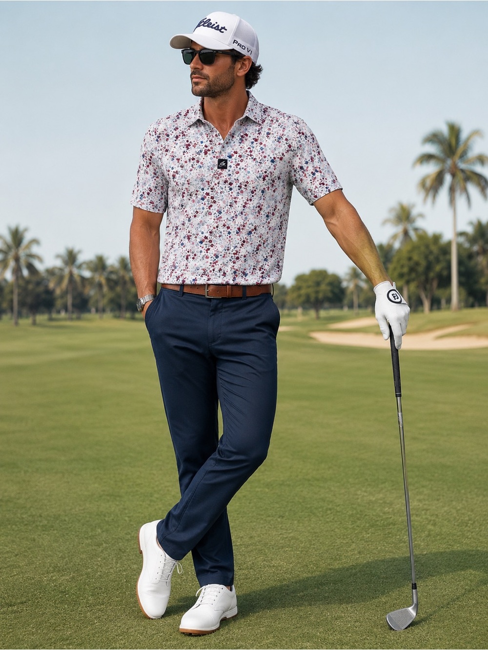 Men's White Floral Short-Sleeve Golf Shirt